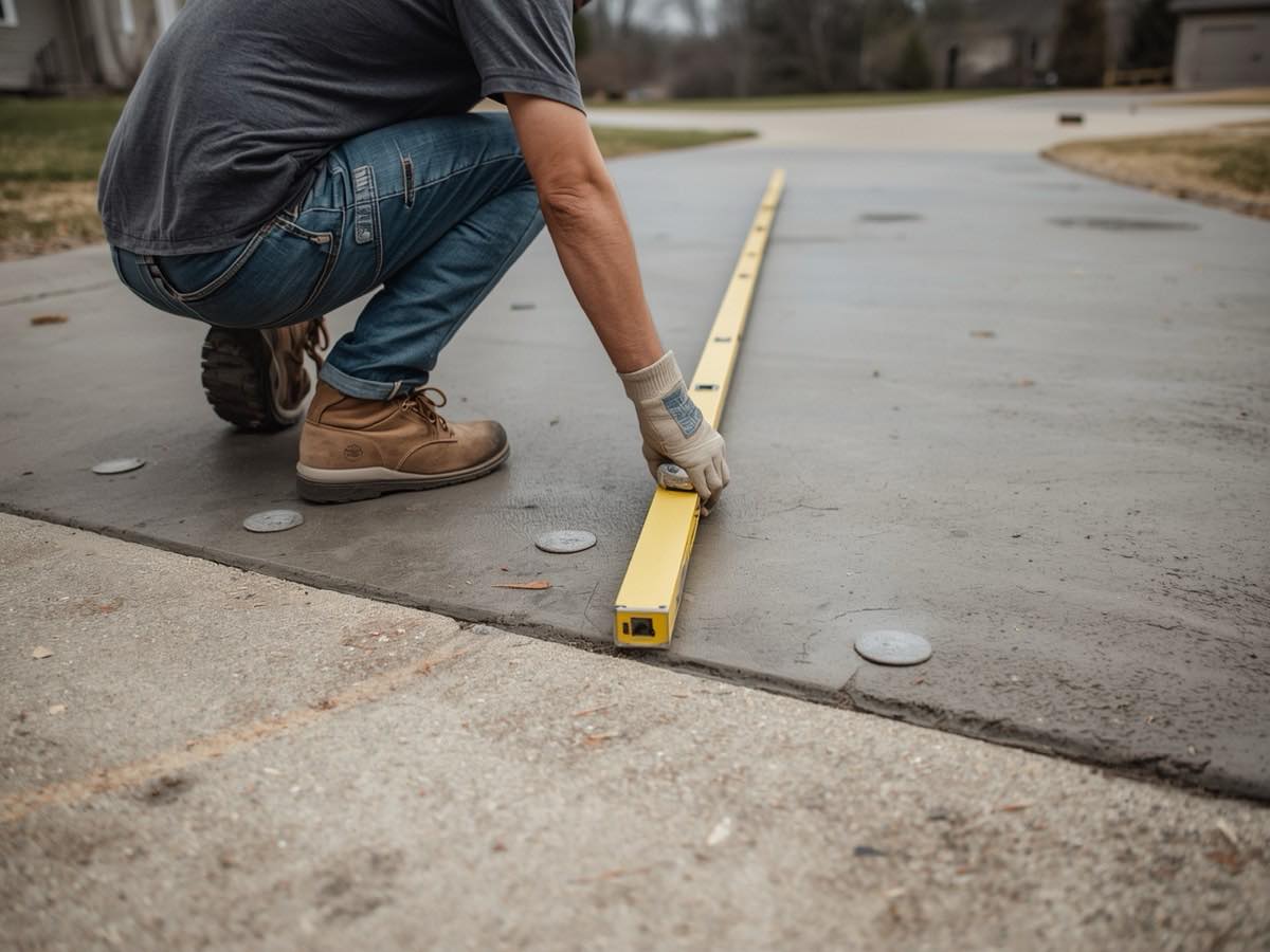 Technician checking a lifted concrete slab with a long level