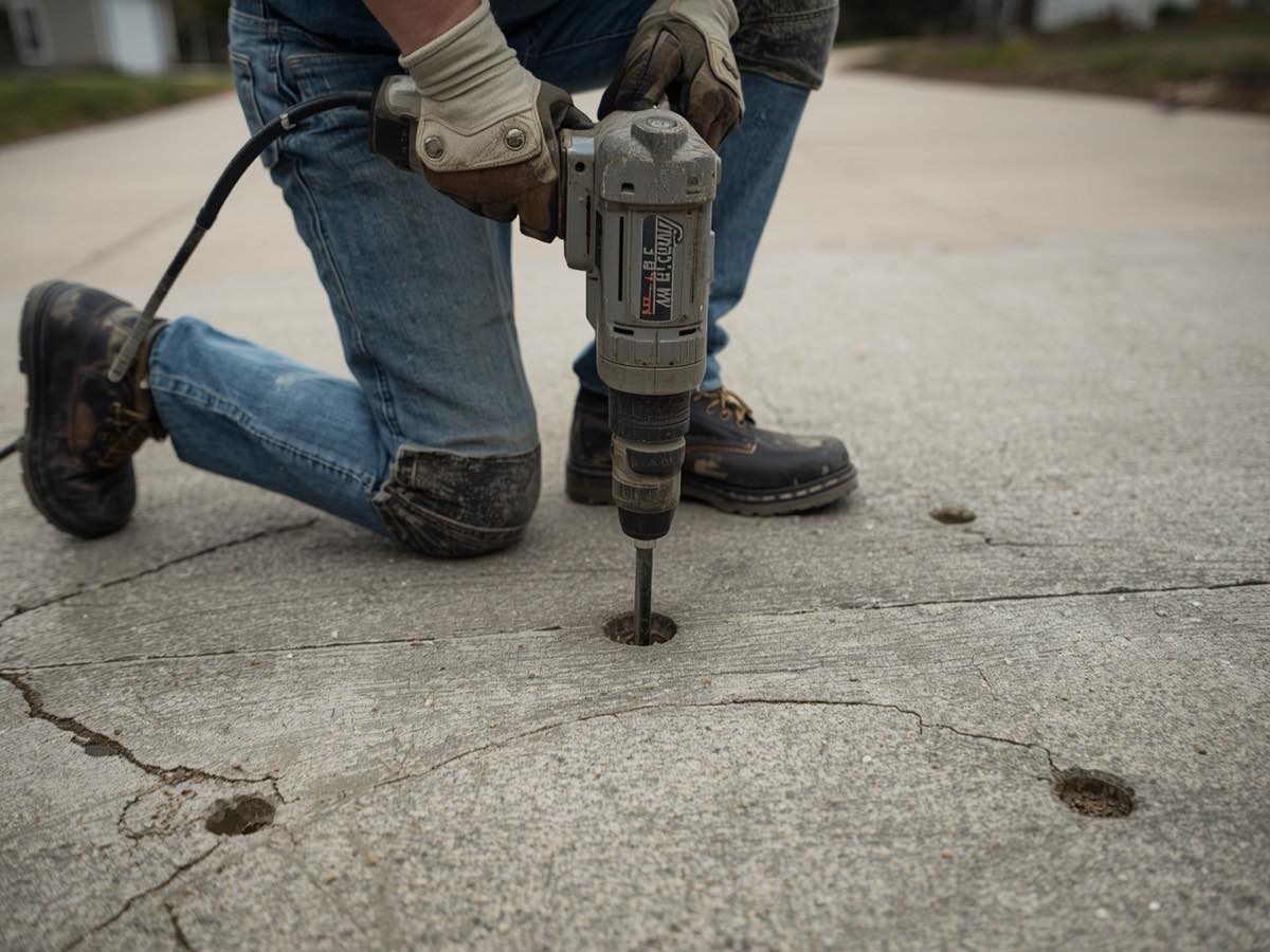 Technician drilling injection ports in a concrete driveway slab during a mudjacking lift
