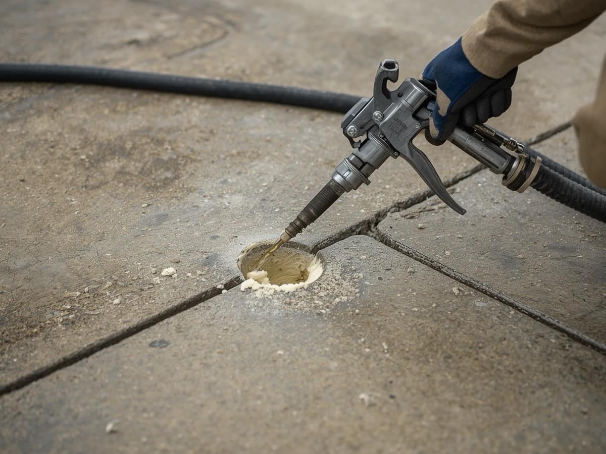 Polyurethane foam injection gun seated in a port in a concrete slab