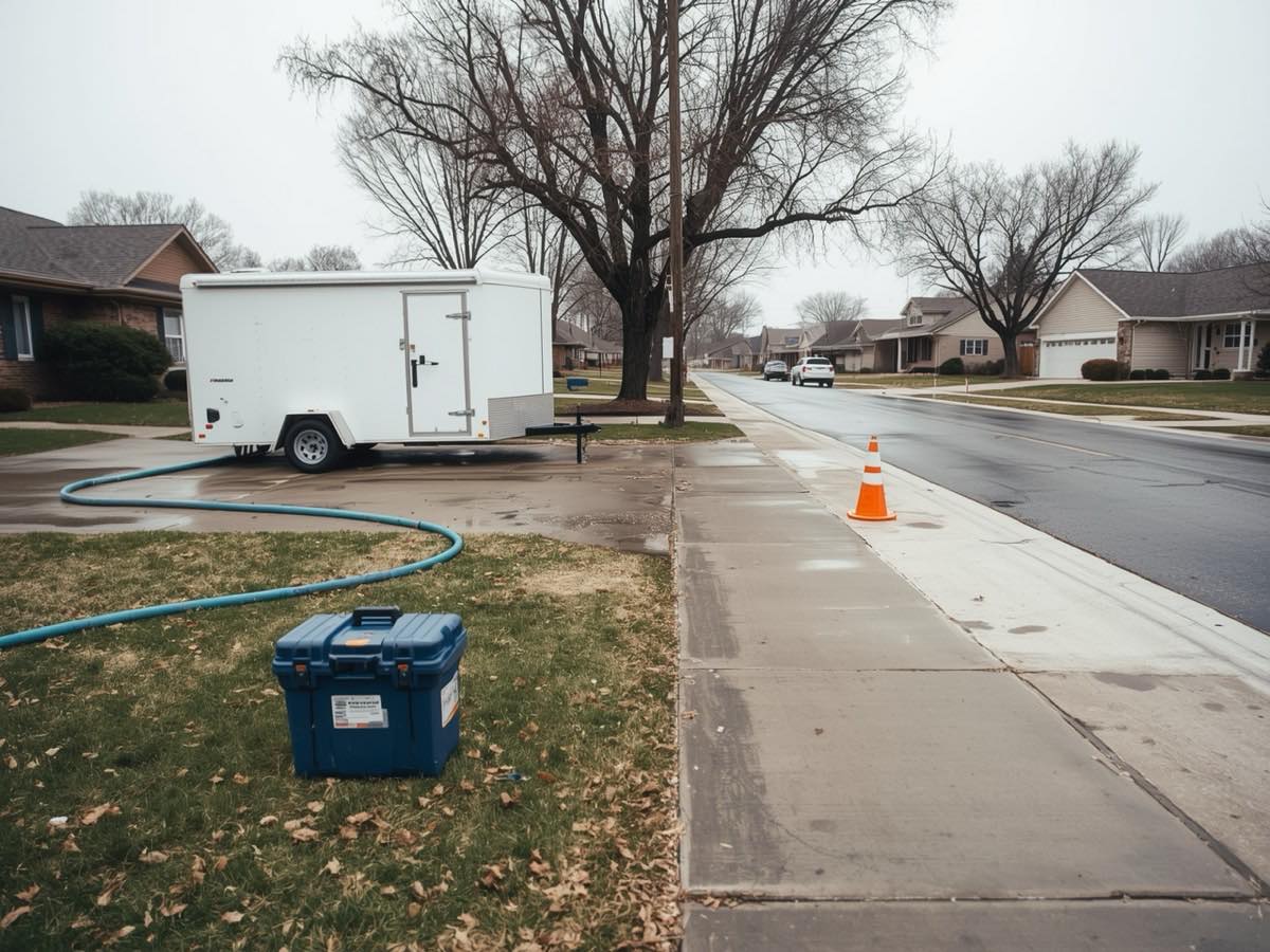 Concrete leveling trailer and hose set up at a residential job