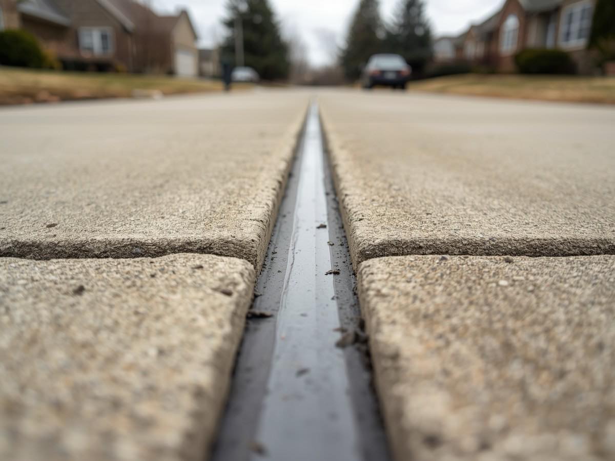 Freshly caulked concrete expansion joint between two level slabs