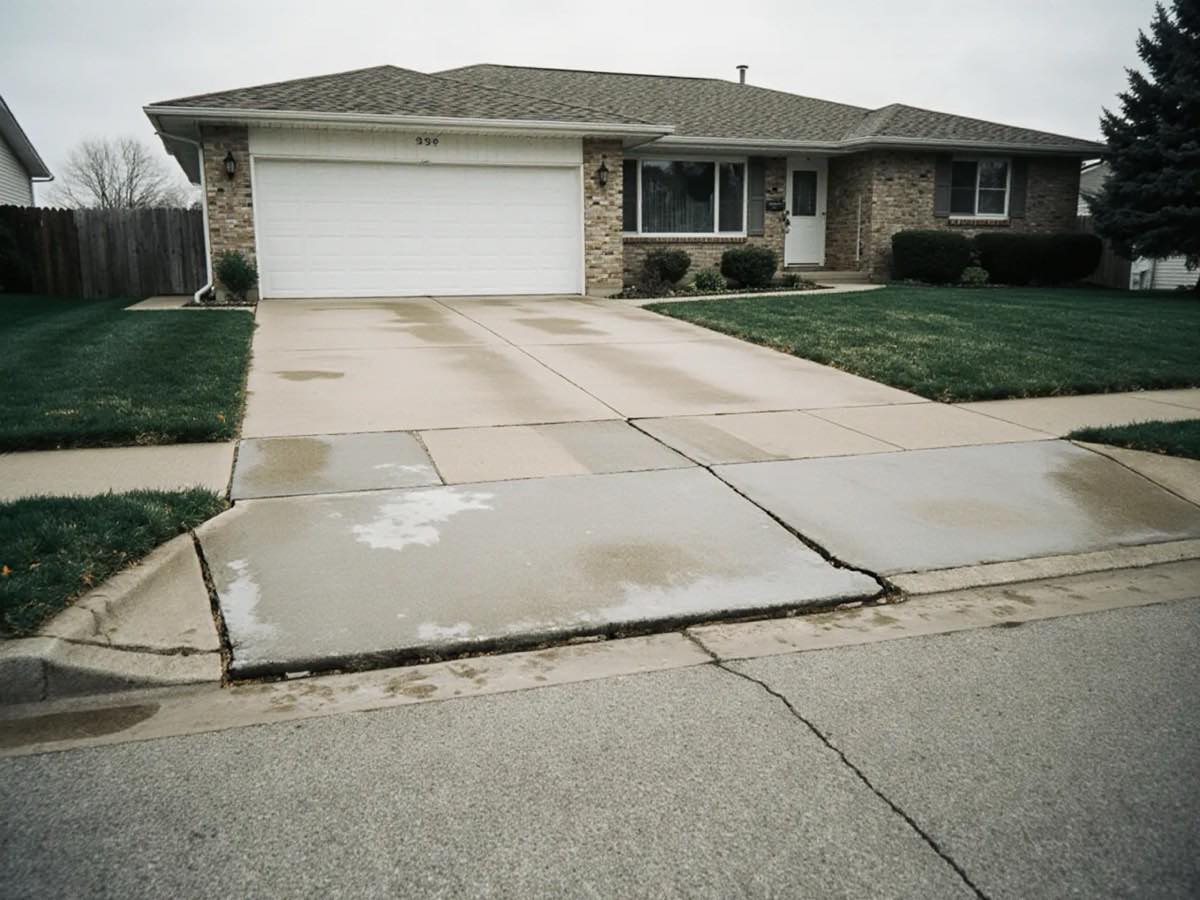 Sunken concrete driveway slab with a raised trip edge at the joint