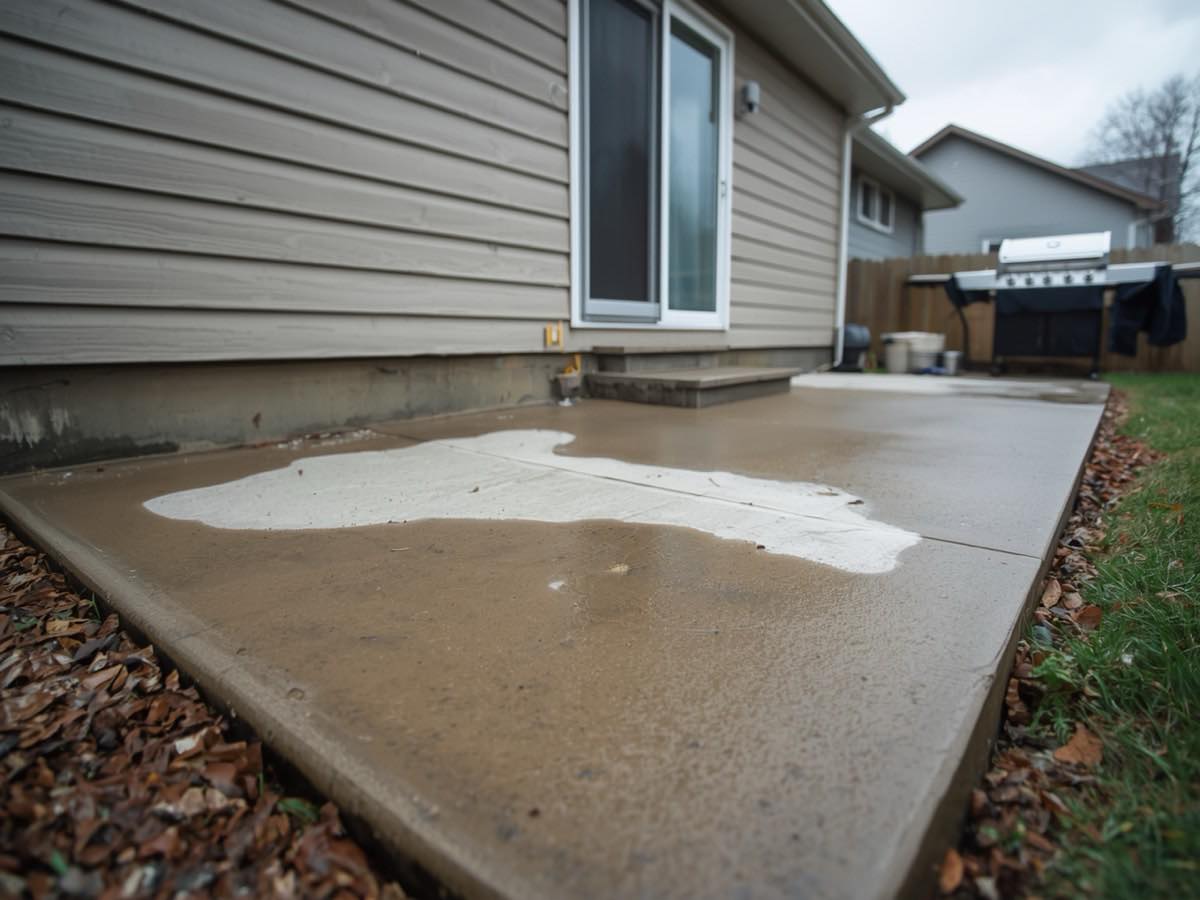 Sunken backyard patio slab with standing water pooling against the house foundation